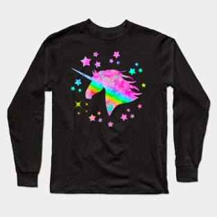 Sparkling Rainbow Unicorn Watercolor Portrait Painting Long Sleeve T-Shirt